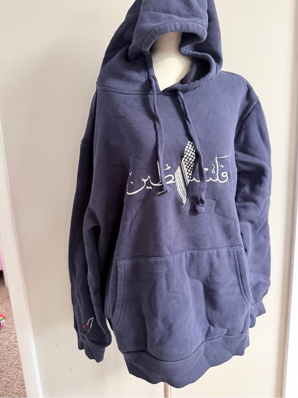 Navy Hoodie with Embroidered Arabic Script and Keffiyeh Detail